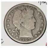 1907 BARBER HALF DOLLAR (90% SILVER) (VG)