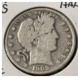 1909-S BARBER HALF DOLLAR (90% SILVER) (VG)