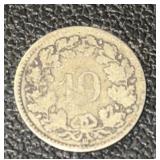 1850 BB SWITZERLAND (10-RAPPAN) COIN (VG)