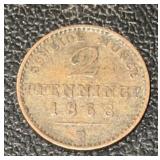 1868 GERMAN PRUSSIA "LETTER B" (2-PFENNING) COIN