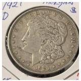 1921-D MORGAN SILVER DOLLAR (90% SILVER) (VF)