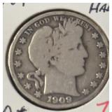 1909-P  BARBER HALF DOLLAR (90% SILVER) (G+)