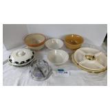 Serving bowls, covered dishes, covered cheese ball