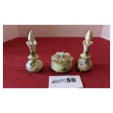 Nippon powder dish and 2 matching perfume