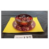 Clear to Ruby floral etched plate & bowl