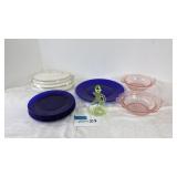 6 cobalt blue plates, 2 pink depression double