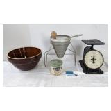 Brown crock bowl U.S.A., colander, scale,