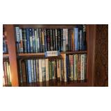 2 shelves of books, Titanic, fishing, novels,