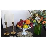 Floral arrangement, 2 brass candlesticks