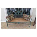 54' metal frame, wood seat garden bench, 2 pillows