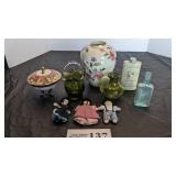 Small medicine bottle, crackle glass pitcher,