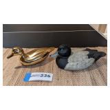 Brass duck, wood duck marked Fouts 84, carved
