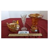 Carnival glass vase, covered duck dish, bud vase