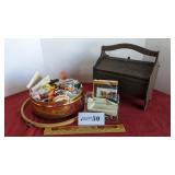 Sewing box, tin of sewing supplies