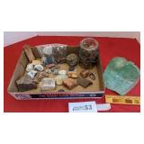 Green flag glass, petrified wood, asst. stones