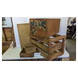 4 wood boxes/crates and cutting board