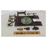Iron items birds, colt, boot scraper, copper sheet