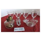 Glassware, oil lamp base, tumblers w/twist stem