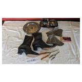 Vintage ladies boots, spats, curling iron,