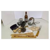 Shaving mirror, thermometer, bakelite fork