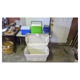 Lg. tote w/lid and 3 coolers