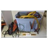 Tote full of electric cords, jumper cables, misc.