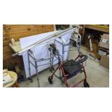 2 fold up walkers, 1 red walker w/seat, crutches