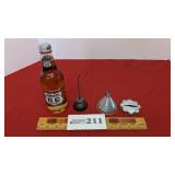 Vintage small oil can, Route 66 soda, funnel