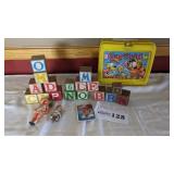 Garfield lunch box & wood blocks
