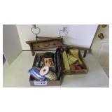 2 wood shelves, wire rack, 2 boxes misc.