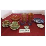 Peach carnival glass, blue creamer/sugar, misc.