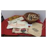 Nail aprons, money bags, wood spools