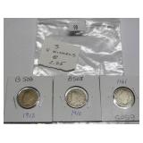 3 Assorted V Nickels worth $2.25 each