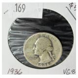 1936 Washington Silver Quarter- VG8
