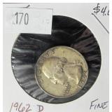 1962 D Washington Silver Quarter- F12