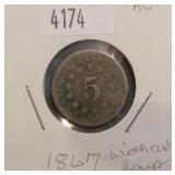 1867 Shield Nickel Without Rays AG Condition