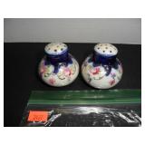 Blue, white, gold with flowers Salt and Pepper