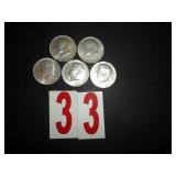 Lot of 5 - 1968 D 40% Silver JFK Half Dollar= AU