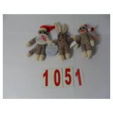 1 mini sock bunny and 2 mini sock monkeys