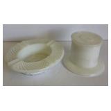 -2-EARLY MILK, GLASS ASHTRAY, AND TOP HAT