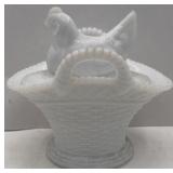 MILK GLASS HEN ON A BASKET
