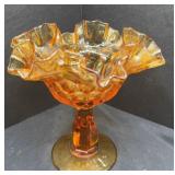 FENTON ART GLASS CABBAGE ROSE COMPOT-AMBER