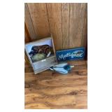 Wall Shelf, Duck Decoy, & Antiques Sign