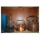 Porch Light, Candle Lamp, & Two Copper Kettles