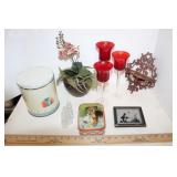 Tin, Wall Shelf, Candleholders, etc.