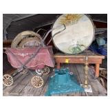 Lamp w/ Lamp Shade, Vintage Carriage, Wood Table