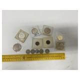 4 V Nickels, 2 Silver Half Dollars, Ike Dollar,