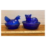 Blue Glass Cat on Basket & Blue Glass Hen on Nest