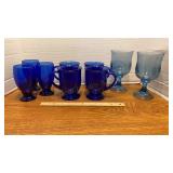 Four Blue Glass Coffee Mugs, Three Blue Glasses,
