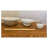 Two Pyrex Mixing Bowls, One Custard Dish & One